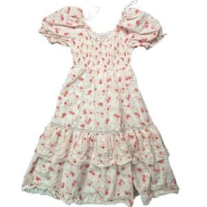 LoveShackFancy Romantic Floral Smocked Midi Dress Puff Sleeve Tiered Ruffle Sz M